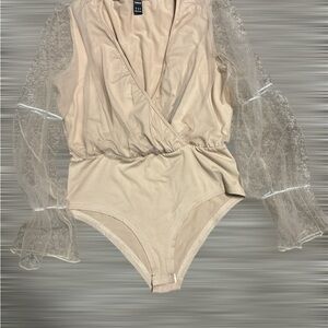 Elegant Beige Lace Sleeve Bodysuit